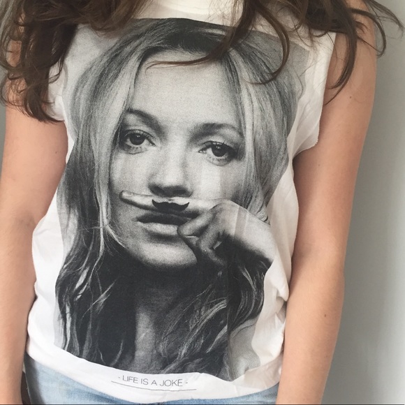 Eleven Paris Tops Kate Moss Mustache Life Is A Joke Graphic Tank